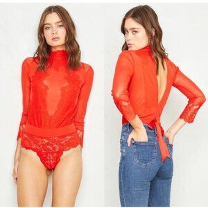 NWT $148 Free People Take HAH Bow Reversible Bodysuit Small Red Sheer Lace Top